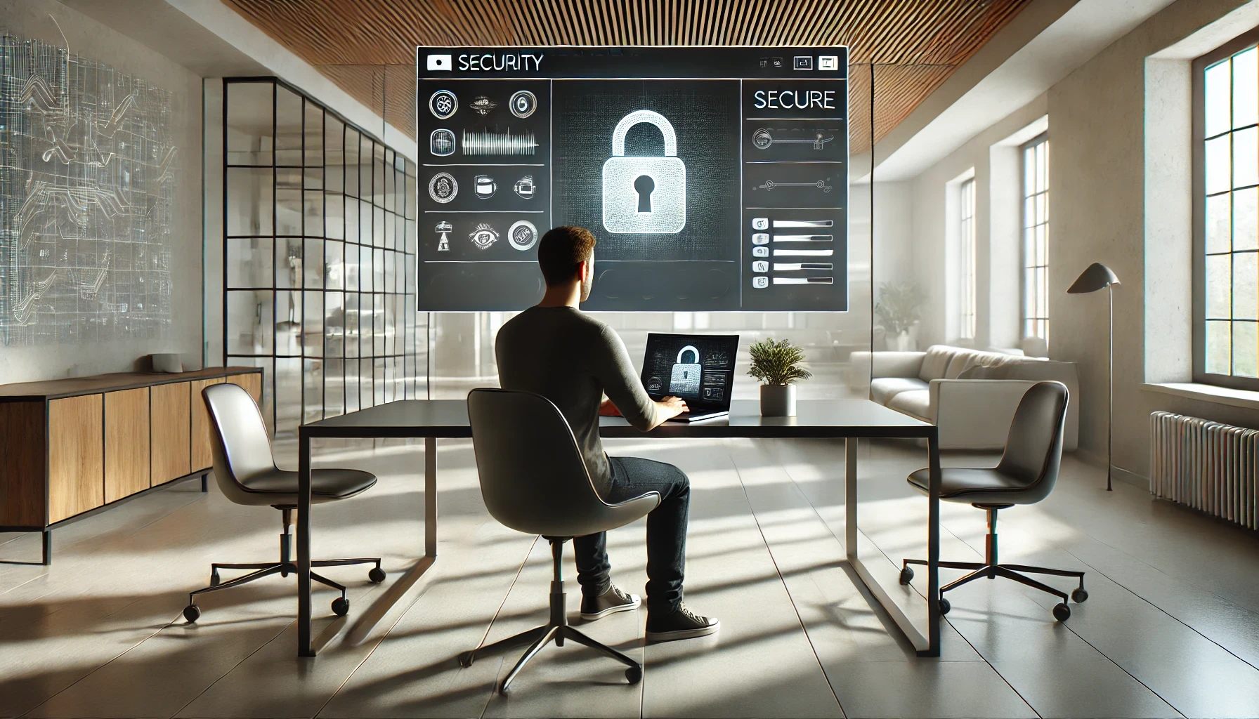 A person is sitting at a desk in a modern, minimalist room and using a laptop to manage digital security settings for cryptocurrency management.