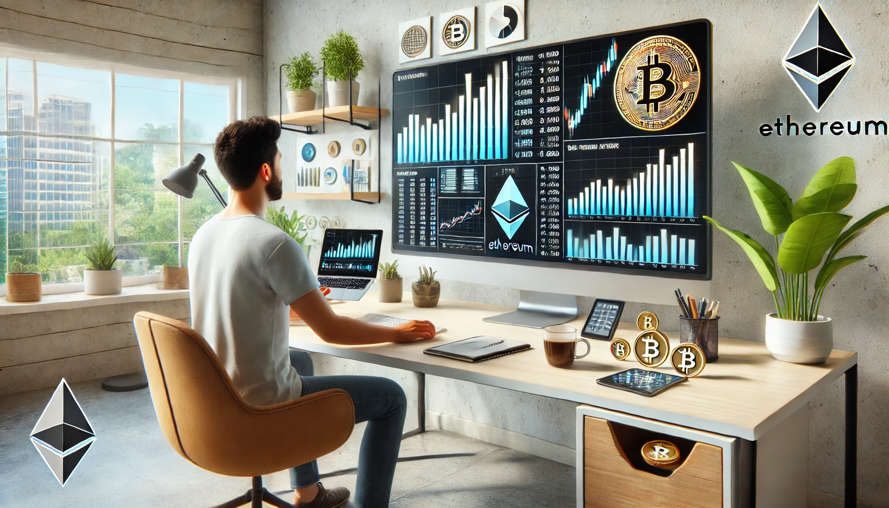 a beginner crypto trader in a modern workspace.