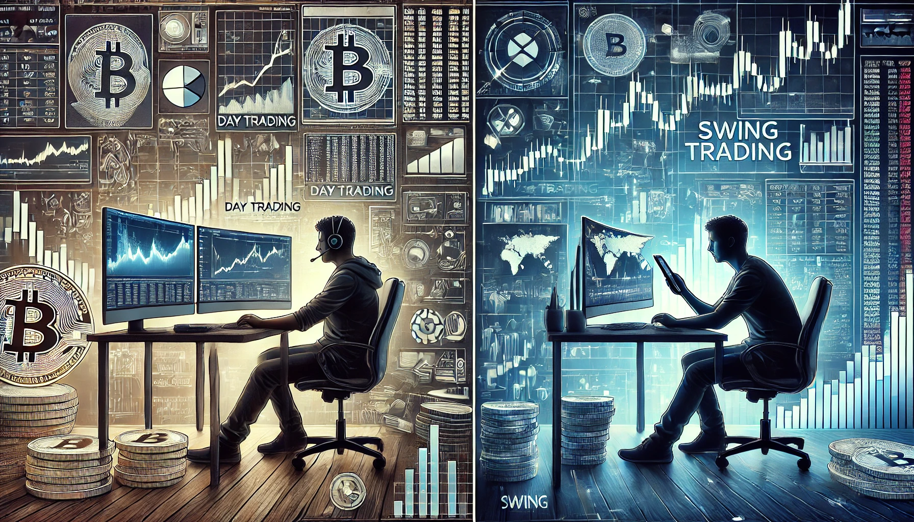 two sides of cryptocurrency trading. On one side, a person is sitting at a desk with multiple computer screens, closely watching real-time charts and data, representing day trading. On the other side, a more relaxed individual is casually reviewing charts and market trends with a tablet in hand, symbolizing swing trading.