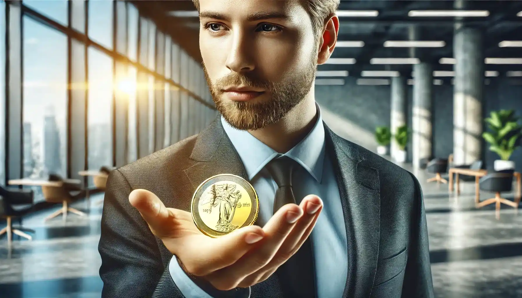 A male investor carefully is showing  a gold investment coin resting on his palm.