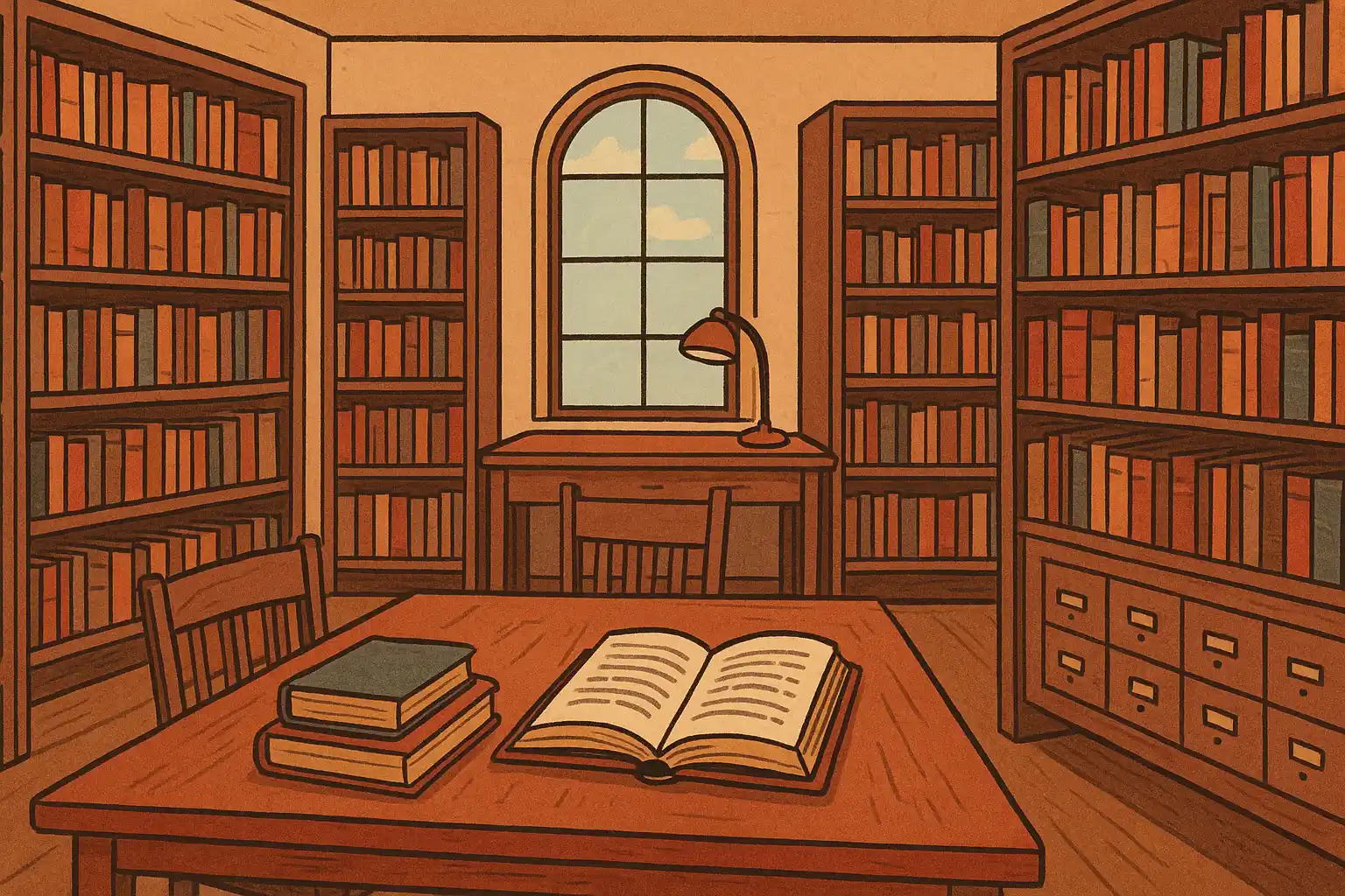 Illustrated library interior with tall wooden bookshelves filled with books, a large central table with an open book, and stacked volumes.
