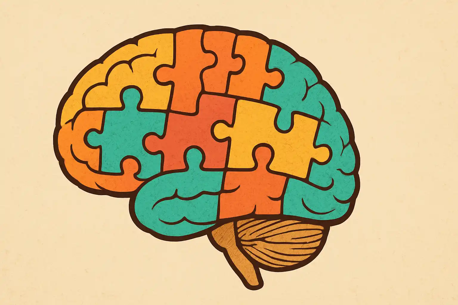 Illustrated brain made up of interlocking puzzle pieces in orange, yellow, red, and turquoise tones, outlined in black, set against a beige textured background.